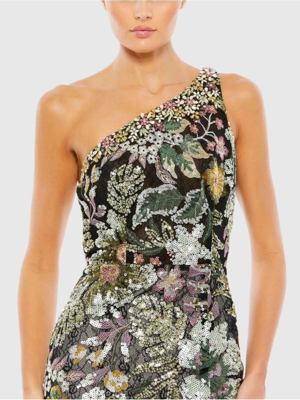 Mac Duggal Black One-Shoulder Floral Sequin Gown - Picture 2 of 5